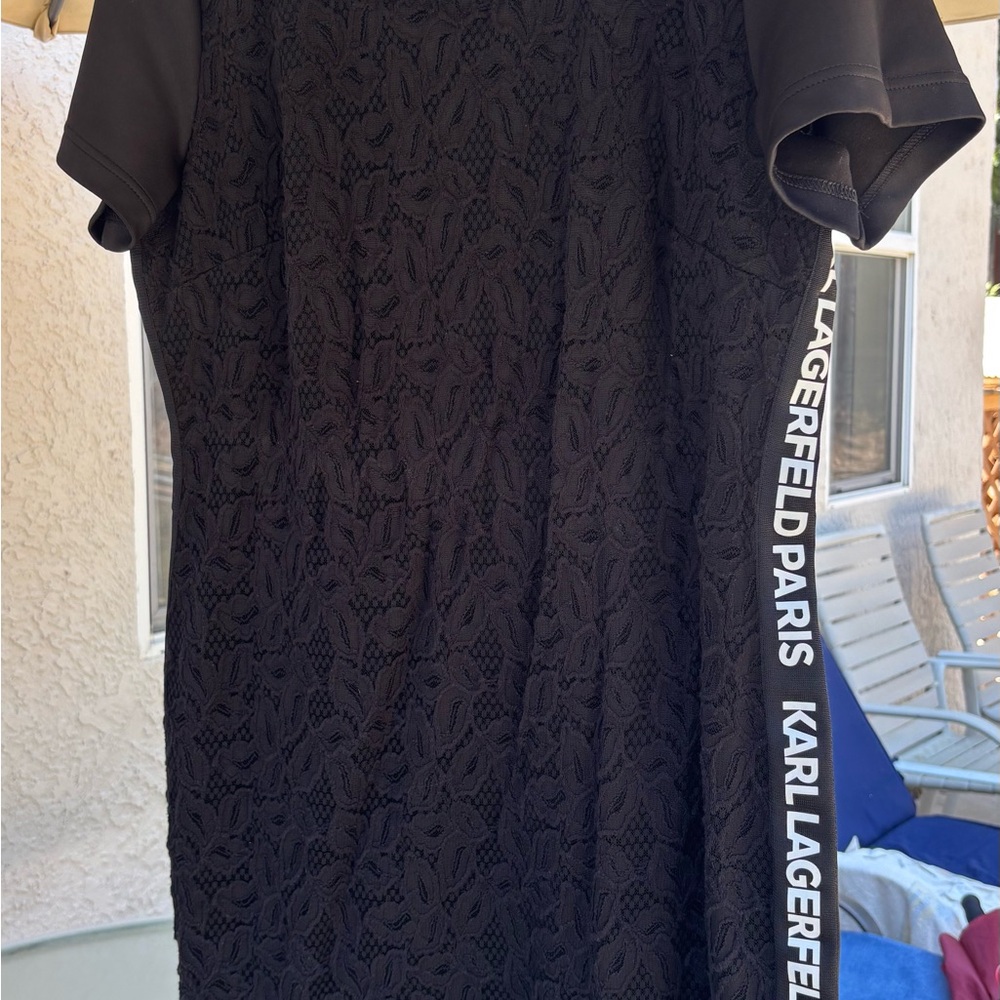 Karl Lagerfeld Black Lace-Front Mini Dress with Branded Side Tape